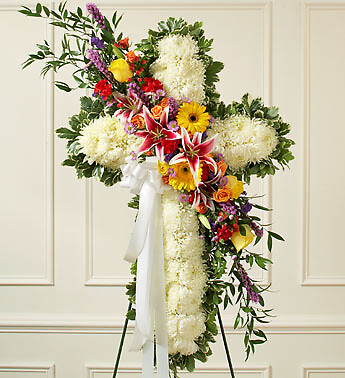 White Standing Cross with Bright Flower Break